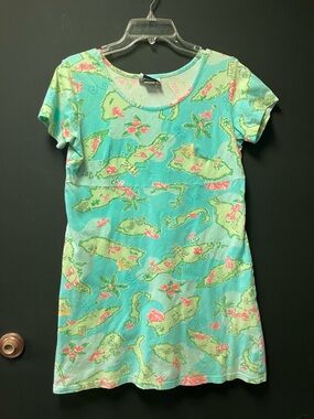 Vintage Lilly Pulitzer Aqua & Mint Tropical Mini Dress with Pink Accents M